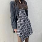 Plain Blazer / Spaghetti-strap Plaid Mini A-line Dress / Tights