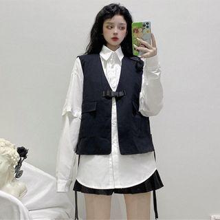 Panel Sleeve Button-down Shirt / Buckled Sleeveless Jacket