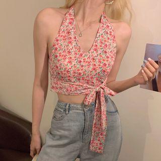 Halter-neck Tie-strap Floral Cropped Camisole Top