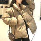 Stand Collar Plaid Padded Jacket Coffee - One Size