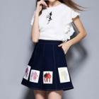 Set: Embroidered Frill Sleeve Blouse + Appliqu  A-line Denim Skirt