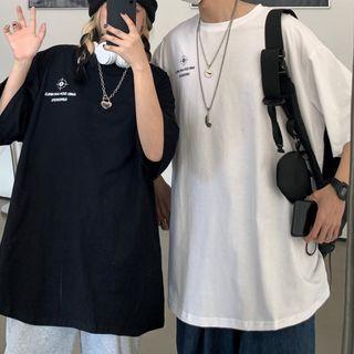Couple Matching Elbow-sleeve Lettering Print T-shirt