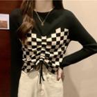Long-sleeve Checkerboard Drawstring Knit Top