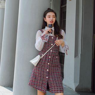 Set: Lantern-sleeve Collared Mesh Blouse + Plaid Jumper Dress
