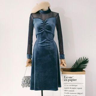 Mock Two-piece Long-sleeve Sheer Panel Velvet Dress