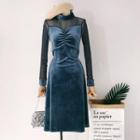 Mock Two-piece Long-sleeve Sheer Panel Velvet Dress