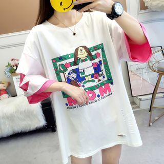 Mock Two-piece Elbow-sleeve Cartoon Print Ripped T-shirt