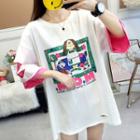 Mock Two-piece Elbow-sleeve Cartoon Print Ripped T-shirt