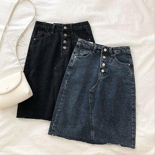Single-breasted Frayed High-waist A-line Denim Skirt