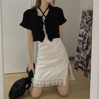 Short-sleeve Frill Trim Cardigan / Sleeveless Slim Fit Split Dress