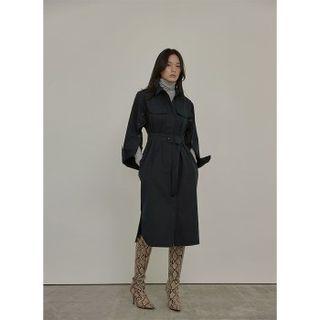 Button-sleeve Long Coatdress With Belt