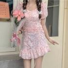 Puff-sleeve Flower Print Drawstring Mini A-line Dress