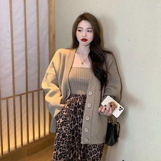 Plain Cardigan / Knit Top / Leopard Print Harem Pants / Set
