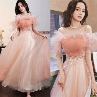Off-shoulder Mesh A-line Evening Gown / Cocktail Dress