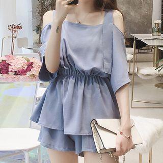 Set: Plain Cut Out Shoulder Elbow Sleeve Blouse + Shorts