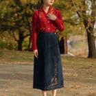 Set: Floral Embroidered Collared Cardigan + Denim Midi A-line Skirt