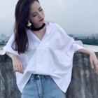 Elbow-sleeve Blouse With Choker White - One Size