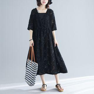 3/4-sleeve Feathered Patterned Chiffon Midi Dress Black - One Size