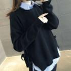 Set: Striped Shirt + Side-slit Crew-neck Sweater
