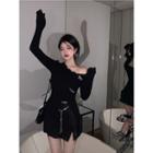 Long-sleeve One-shoulder Knit Top Black - One Size