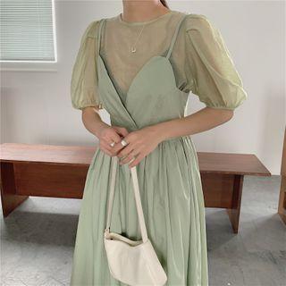 Set: Mesh Short-sleeve Blouse + Spaghetti Strap Midi A-line Dress