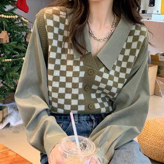 Mock Two-piece Checkerboard Knit Panel Blouse Checkerboard - Green - One Size