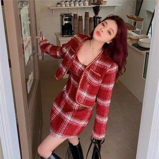 Plaid Slim-fit Cropped Jacket / Sleeveless Dress
