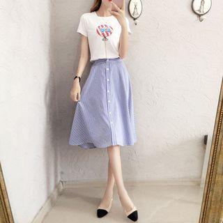 Set: Printed Short Sleeve T-shirt + Pinstriped Midi Skirt