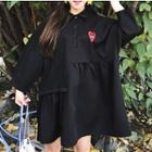 Heart Embroidered Collared Long Sleeve Dress