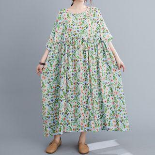 3/4-sleeve Floral Print A-line Midi Dress As Shown In Figure - One Size
