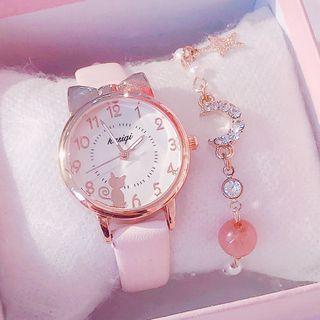 Set: Cat Strap Watch + Rhinestone Bracelet