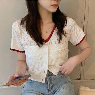 Short-sleeve Contrast Trim Perforated Button-up Crop Top