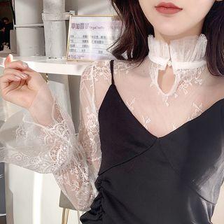 Bell-sleeve Mock Neck Lace Top