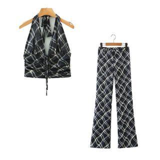 Halter-neck Plaid Crop Top / Wide-leg Pants / Set