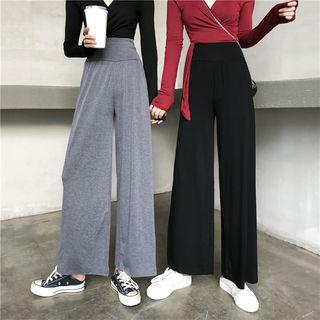 Set: V-neck Long-sleeve T-shirt + High Waist Wide-leg Pants