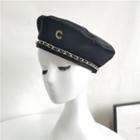 Chained Letter C Beret Hat Black - One Size