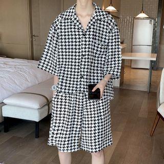Set: 3/4-sleeve Houndstooth Shirt + Shorts