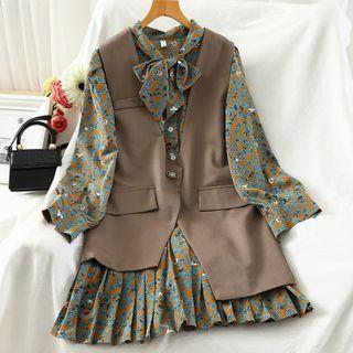 Set: Long-sleeve Tie-neck Floral Print A-line Dress + Buttoned Irregular Vest