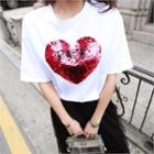 Sequined Lettering Heart T-shirt