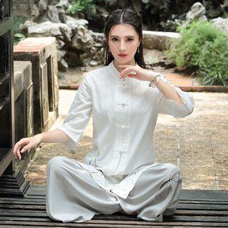 3/4-sleeve Printed Qipao Top / Wide-leg Pants