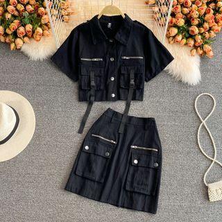 Set: Short-sleeve Cargo Crop Top + A-line Skirt