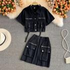 Set: Short-sleeve Cargo Crop Top + A-line Skirt