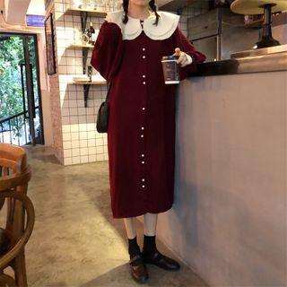 Collared Puff-sleeve Midi Knit Dress