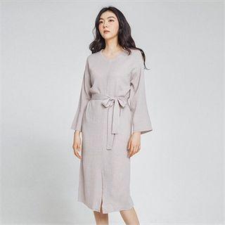 Slit-front Knit Dress With Sash