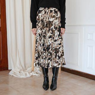 Printed Long Pleated Skirt Brown - One Size