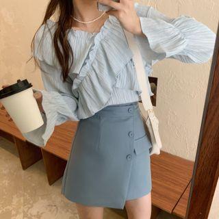 Ruffle Chiffon Blouse / Asymmetrical Button-up A-line Skirt