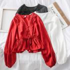 Drawstring-waist Lace-trim V-neck Chiffon Top
