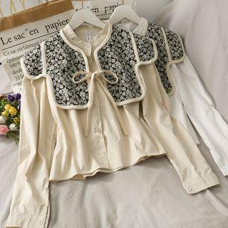 Set: Stand-collar Crop Shirt + Embroidered Tie Shawl