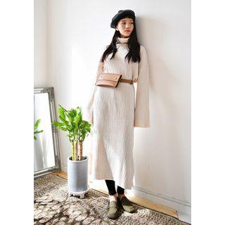 Turtle-neck Wool Blend Rib-knit Maxi Dress