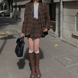 Single Breasted Plaid Blazer / High-waist Plaid Pleated A-line Skirt / Mock Neck Plain Top